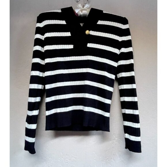 Lauren Ralph Lauren Womens Striped Ribbed Pullover Sweater Petite Small Black - Picture 1 of 9